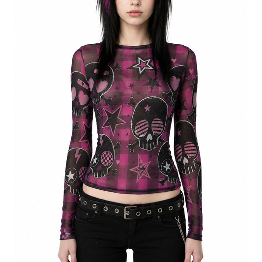 Pink Skull Plaid Sheer Mesh Long Sleeve Top | Emo Scene Y2K Shirt