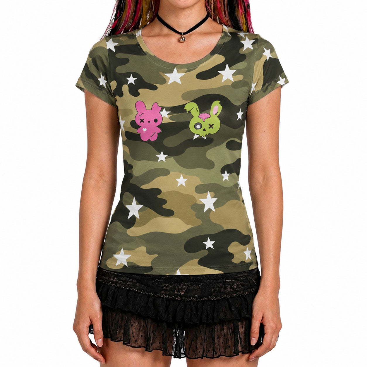 Kawaii Zombie Bunny Camo Baby Tee – Emo Scene Y2K Women’s Shirt