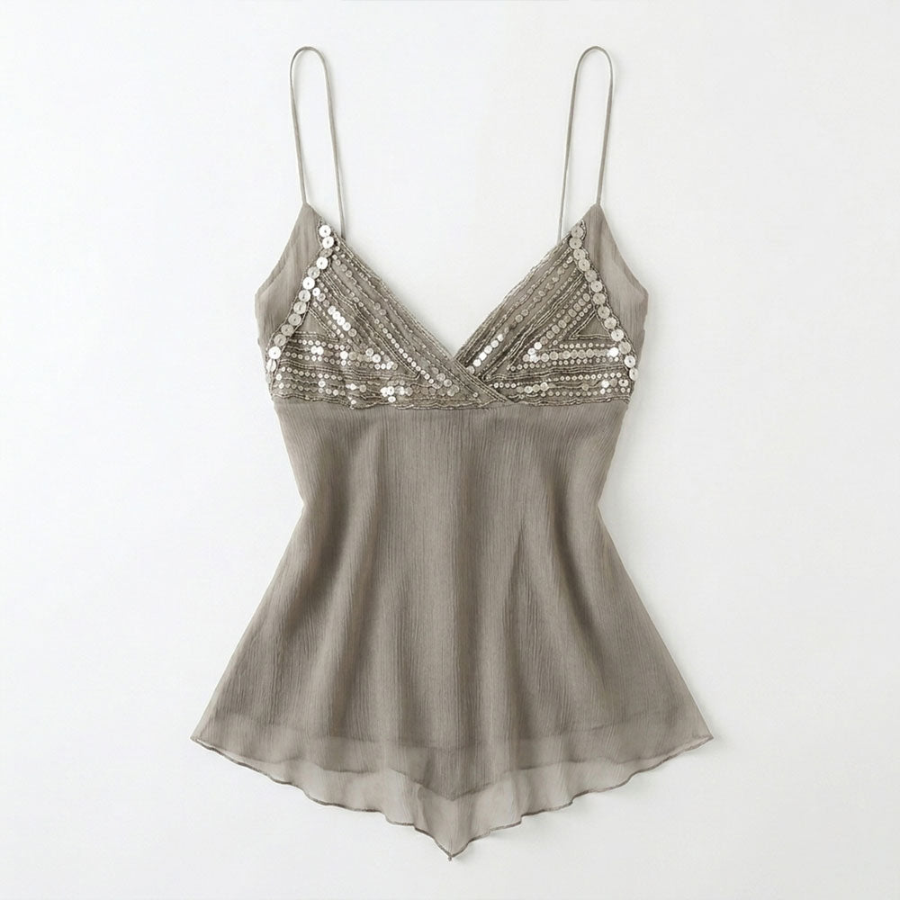 Gold Sequin Sheer Babydoll Mini Dress – Y2K Sparkle Mesh Camisole Slip