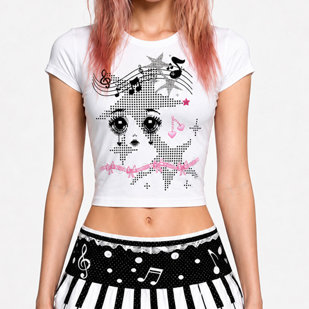 Kawaii Music Doll Baby Tee – Fitted Y2K Graphic Crop Top