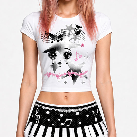 Kawaii Music Doll Baby Tee – Fitted Y2K Graphic Crop Top