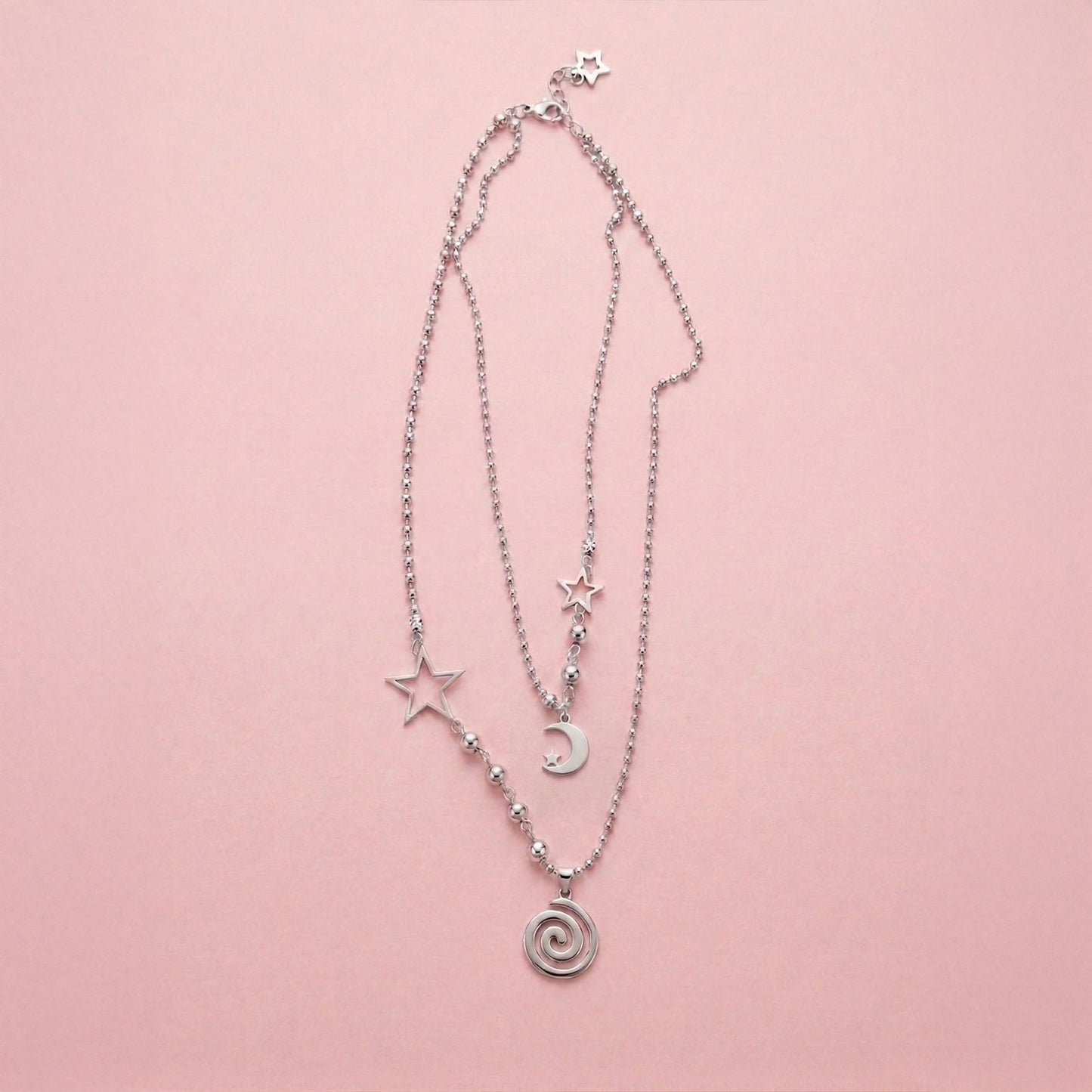 Moon Star Layered Necklace with Swirl Pendant
