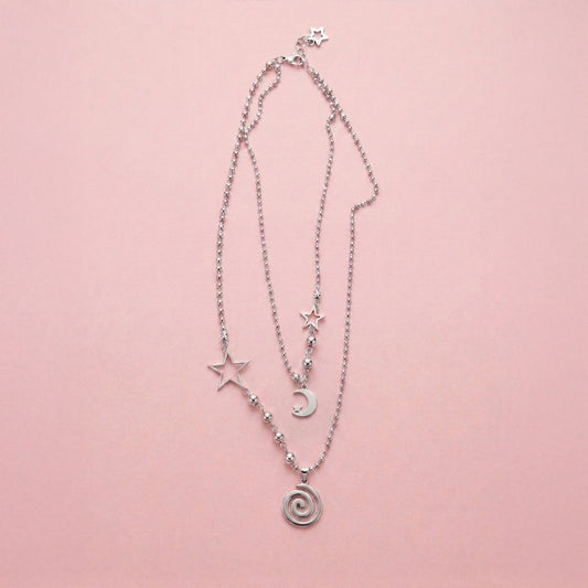 Moon Star Layered Necklace with Swirl Pendant