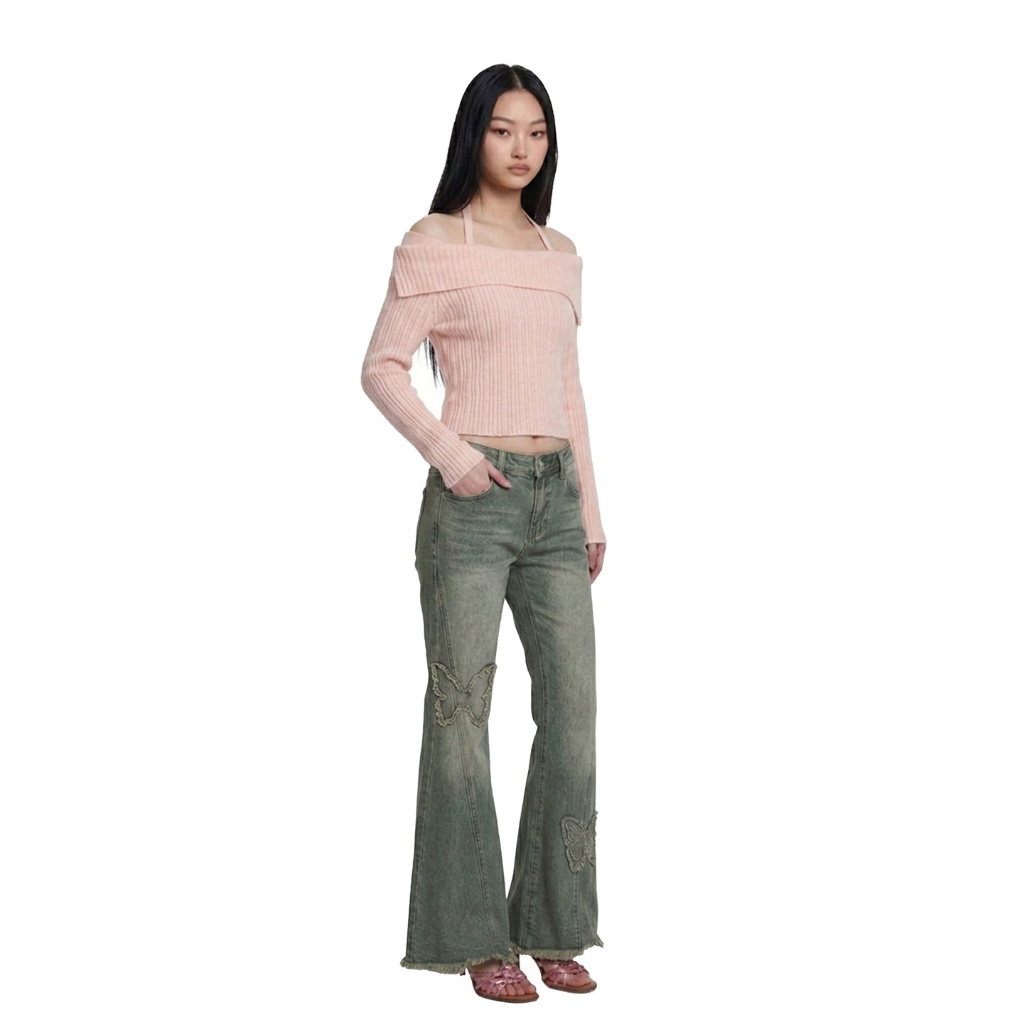Cherry Blossom Off-Shoulder Knit Top – Ribbed Halter Layered Y2K Sweater