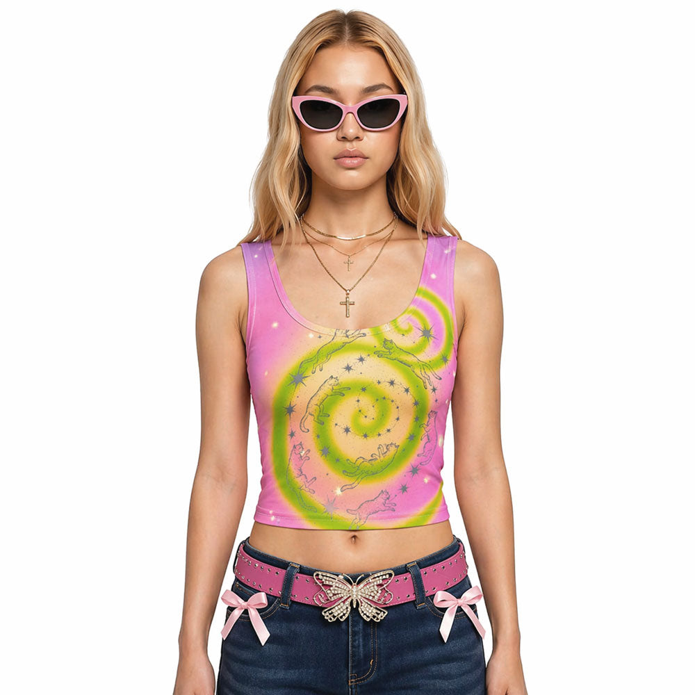 Whimsy Pastel Swirl Cat Crop Top – Soft Stretch Graphic Cami Tank&nbsp