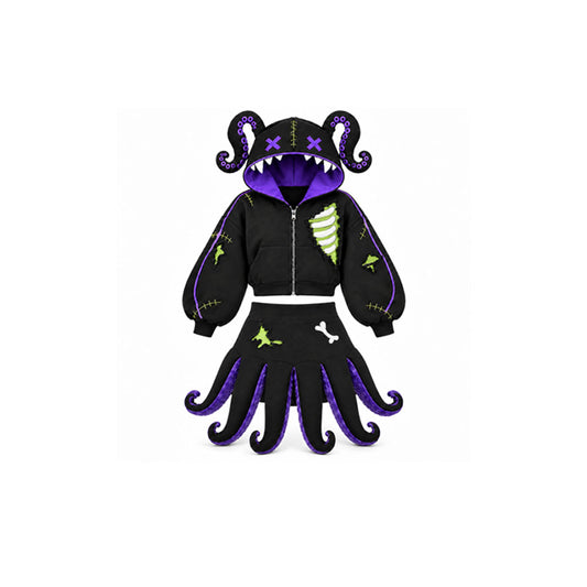 Zombie Octopus Monster Hoodie & Tentacle Skirt Set – Black & Purple