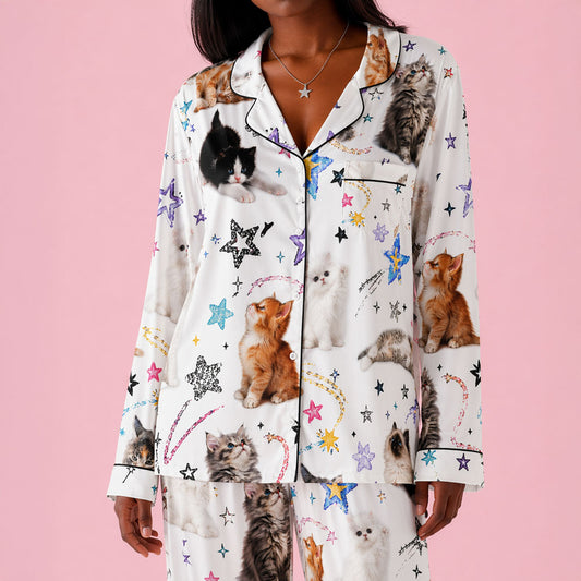 Women's Long Sleeve Pajama Top – Cat Print Button-Up Sleep Shirt