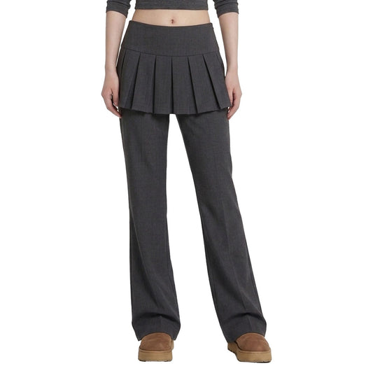 Layered Mini Skirt Straight Leg Pants – 2-in-1 Pleated Overlay Trousers