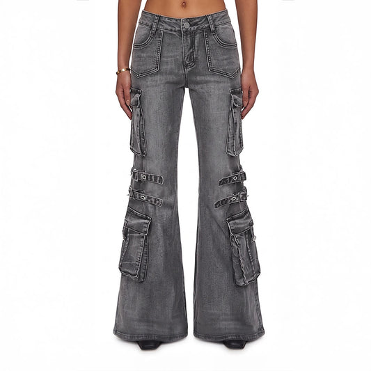 Y2K Strap Detail Wide Leg Cargo Jeans – Low Rise Utility Denim Pants