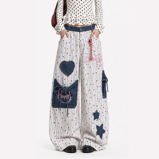 Star Patch Stripe Wide-Leg Baggy Pants