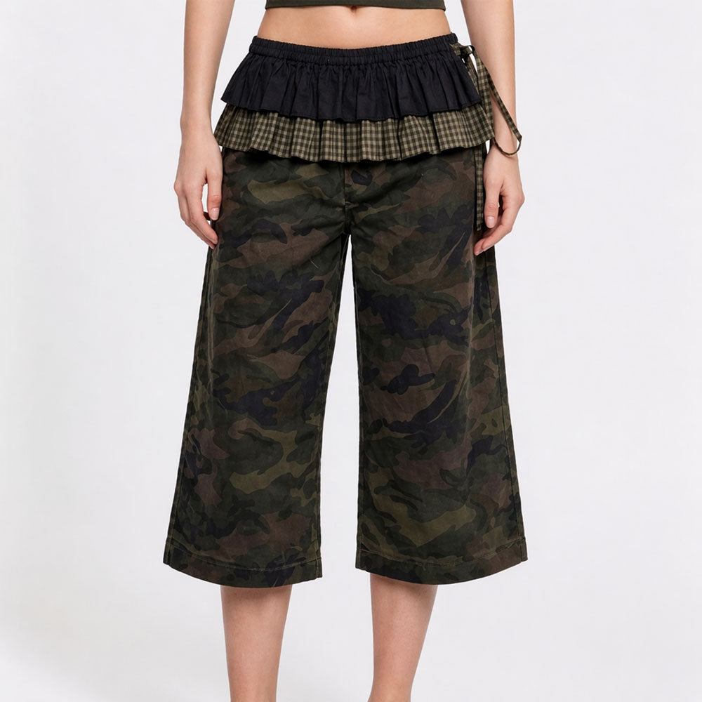 Y2K Layered Top Camo Cargo Pants Set – Ruffle Waist Grunge Two-Piece
