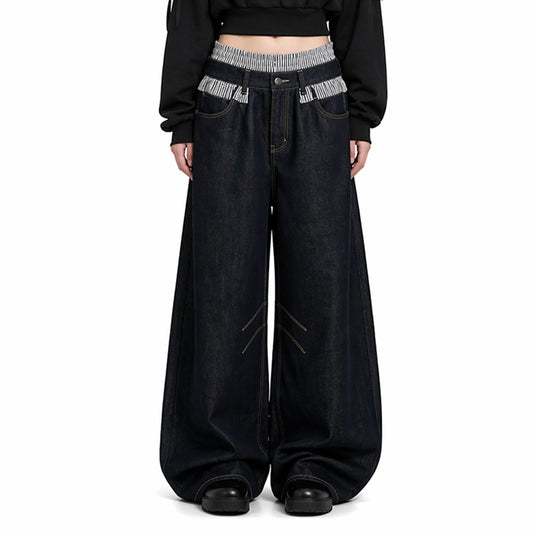 Dark Wash Wide-Leg Stripe Waist Denim Pants