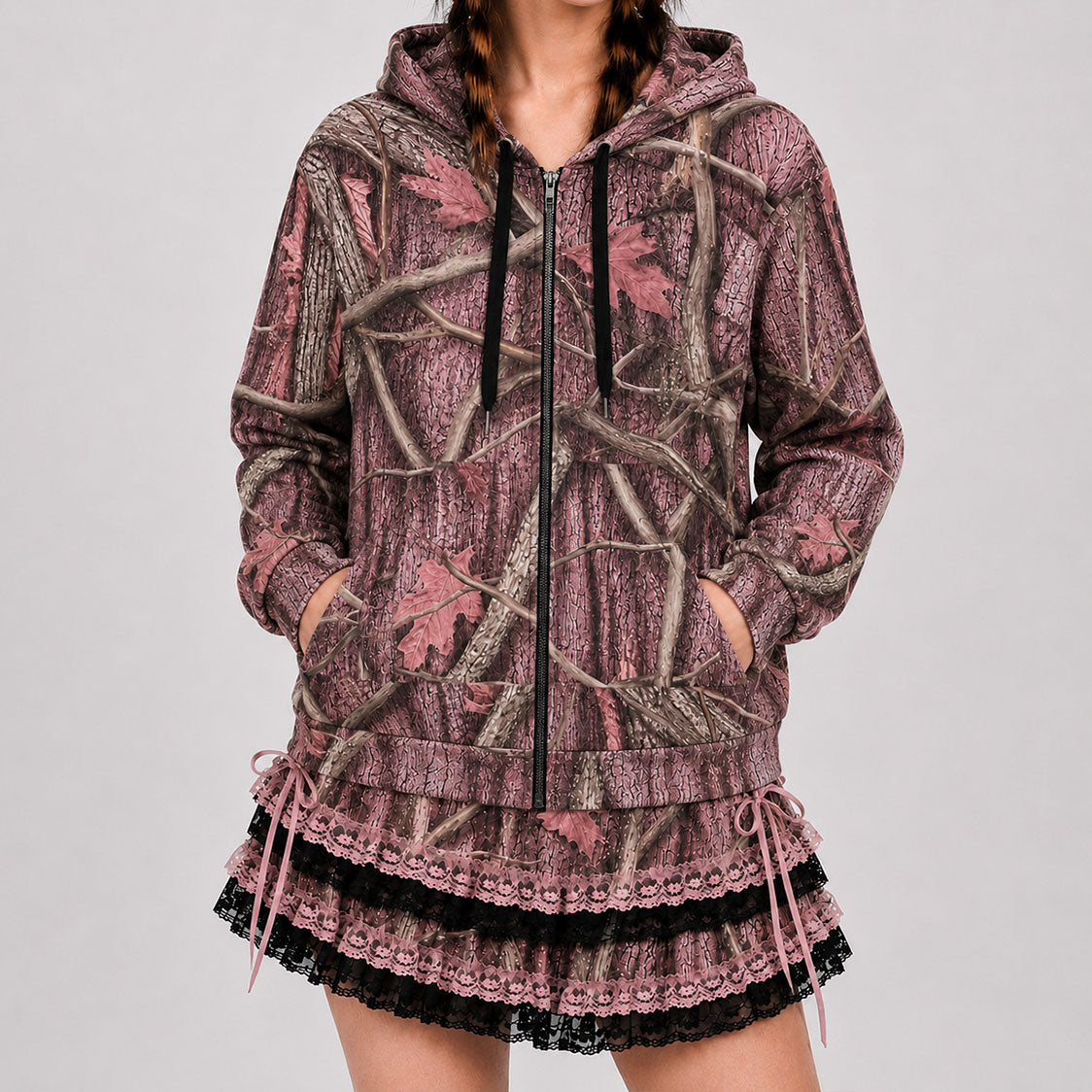 Pink Tree Camo Lace Trim Zip Hoodie – Scene Y2K Zipper Hoodie