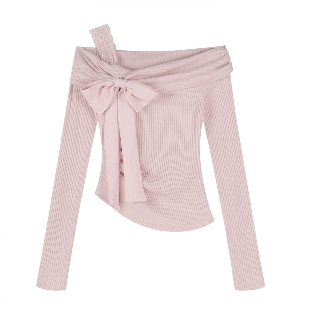 Off Shoulder Bow Knit Top Lace Strap Ribbed Slim Fit Y2K Coquette Shirt