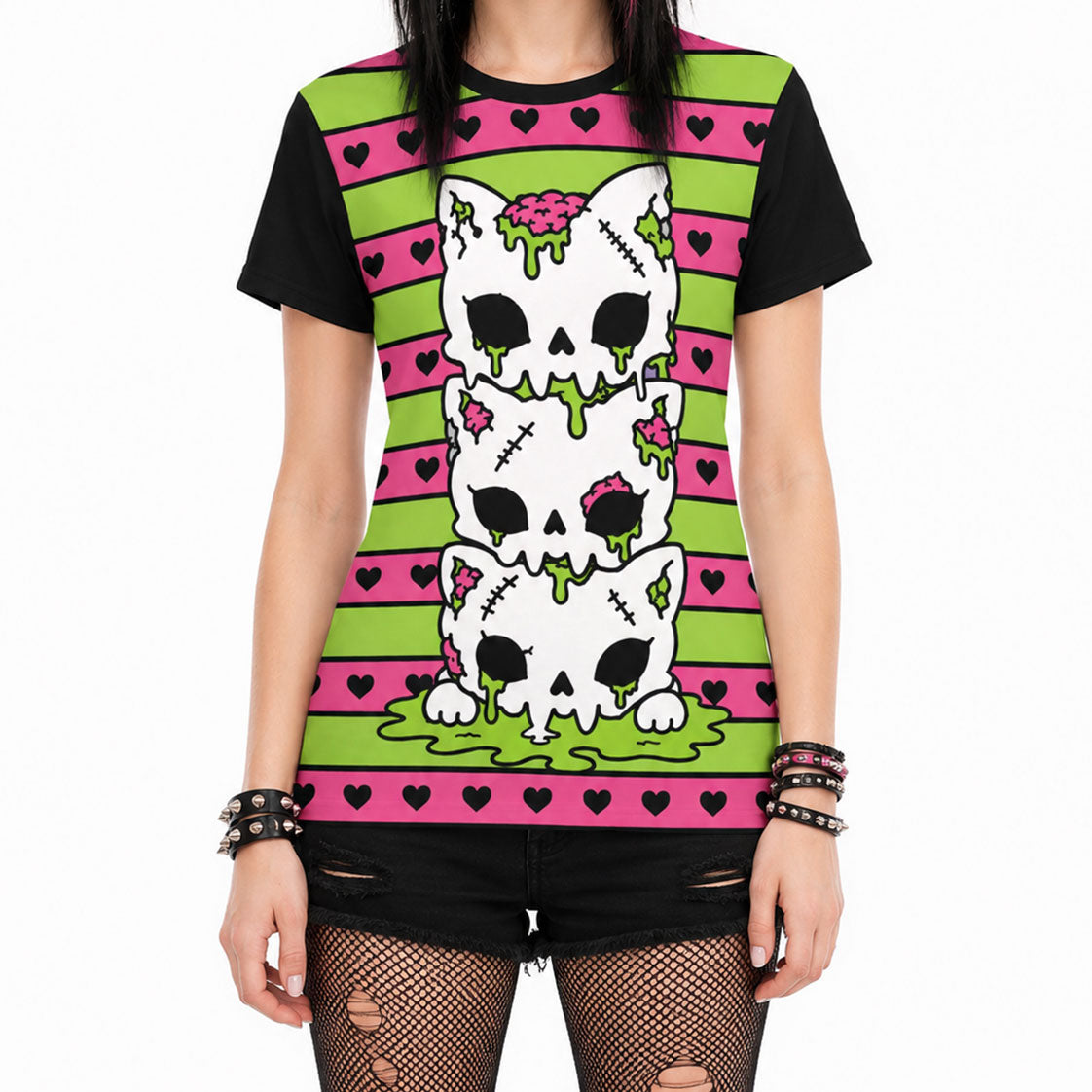 Zombie Cat Skull Women's Cotton T-Shirt PINK BLACK