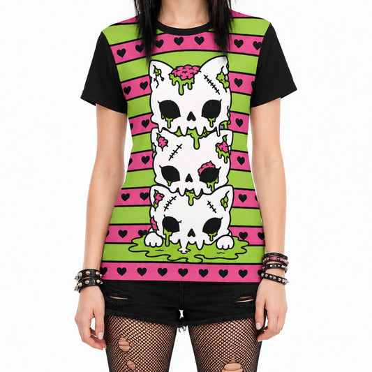 Zombie Cat Skull Women's Cotton T-Shirt PINK BLACK