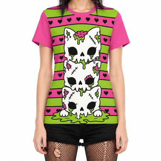Zombie Cat Skull Women's Cotton T-Shirt PINK