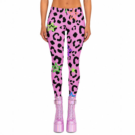 Pink Leopard Star Leggings – Y2K Scene Kid Emo Stretch Pants