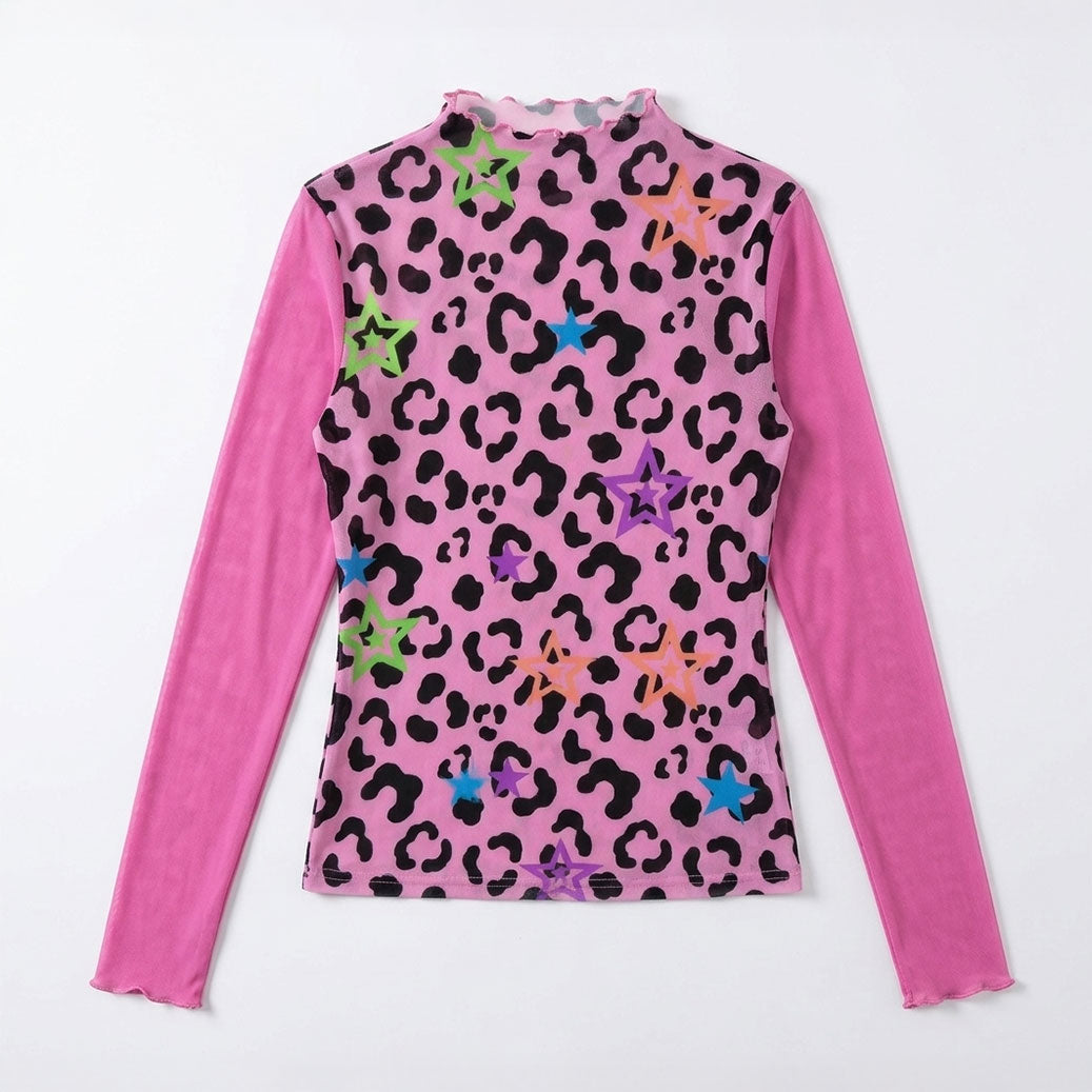 Pink Leopard Scene Queen Women's Mesh Long Sleeve Top (XS to 6XL)