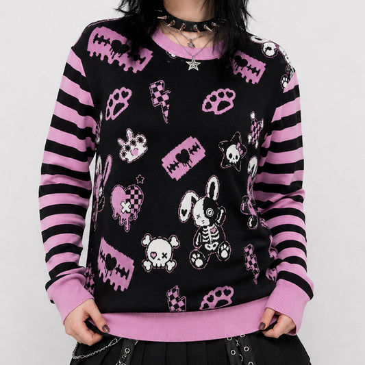 Zombie Skeleton Bunny Striped Unisex Crewneck Sweater (2XS–3XL)