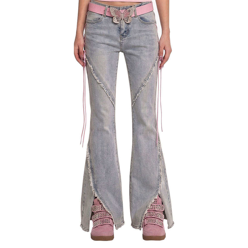 Pink Ribbon Lace-Up Flare Jeans