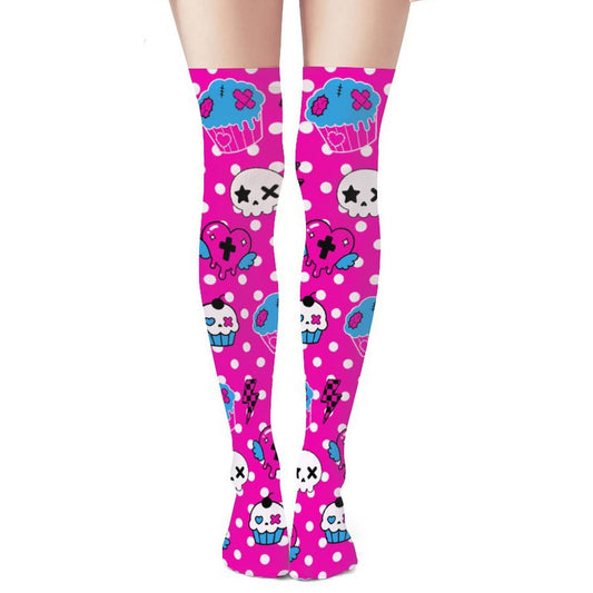 Scene Queen Polka Dot Zombie Cupcake Over-the-Knee Stockings – Emo Y2K, One Size