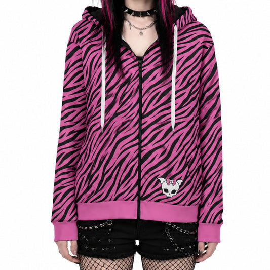 Pink Zebra Skull Scene Cotton Unisex Zip Hoodie (XS to 6XL)