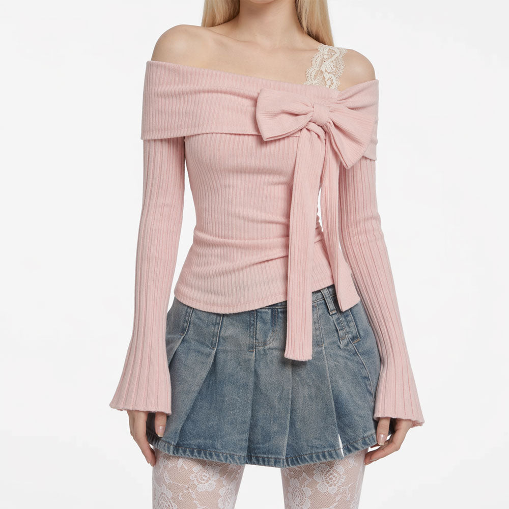 Off Shoulder Bow Knit Top Lace Strap Ribbed Slim Fit Y2K Coquette Shirt