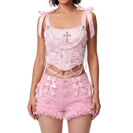 Kawaii Lace Chain Corset Top – Coquette Soft Goth Festival Cami