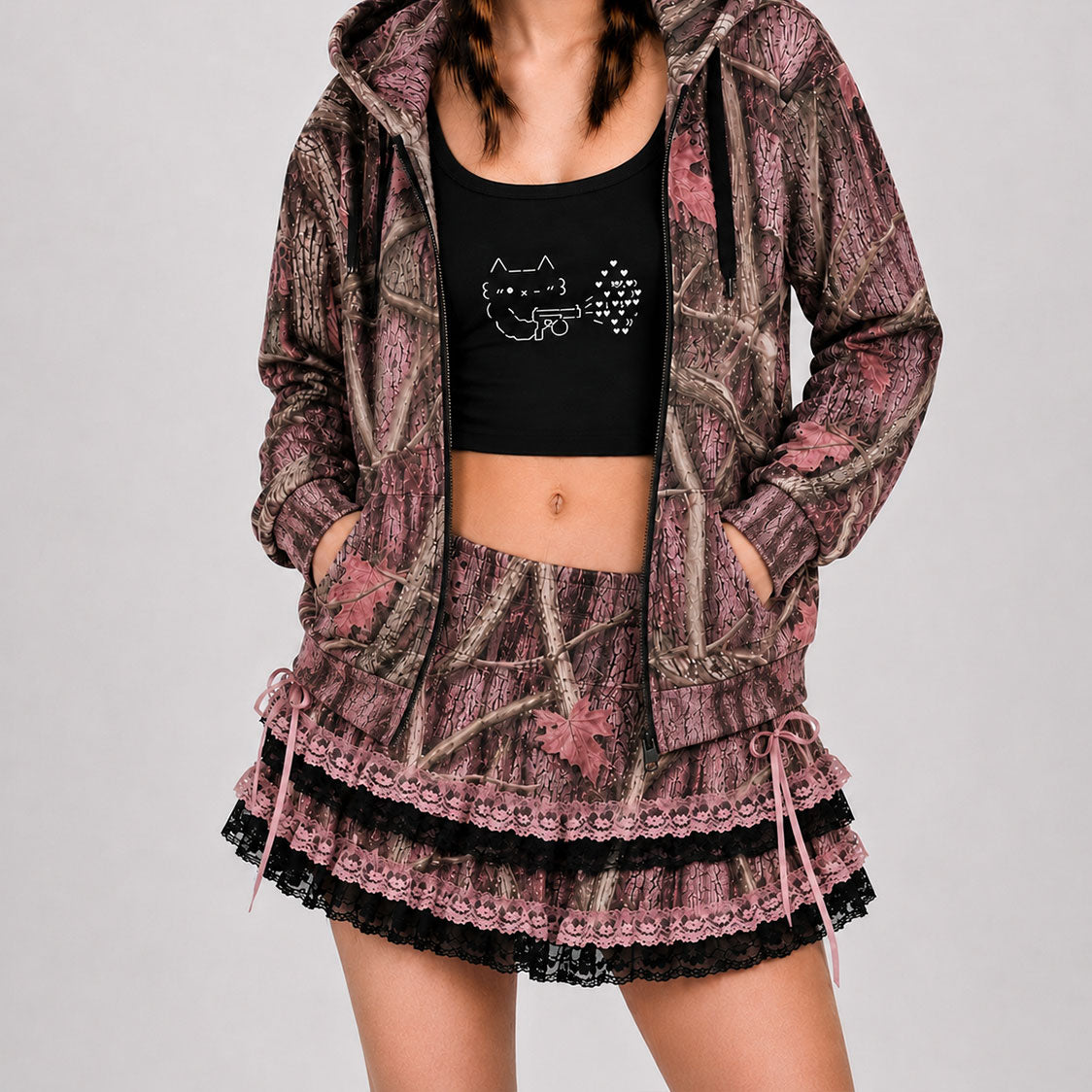 Pink Tree Camo Lace Trim Zip Hoodie – Scene Y2K Zipper Hoodie