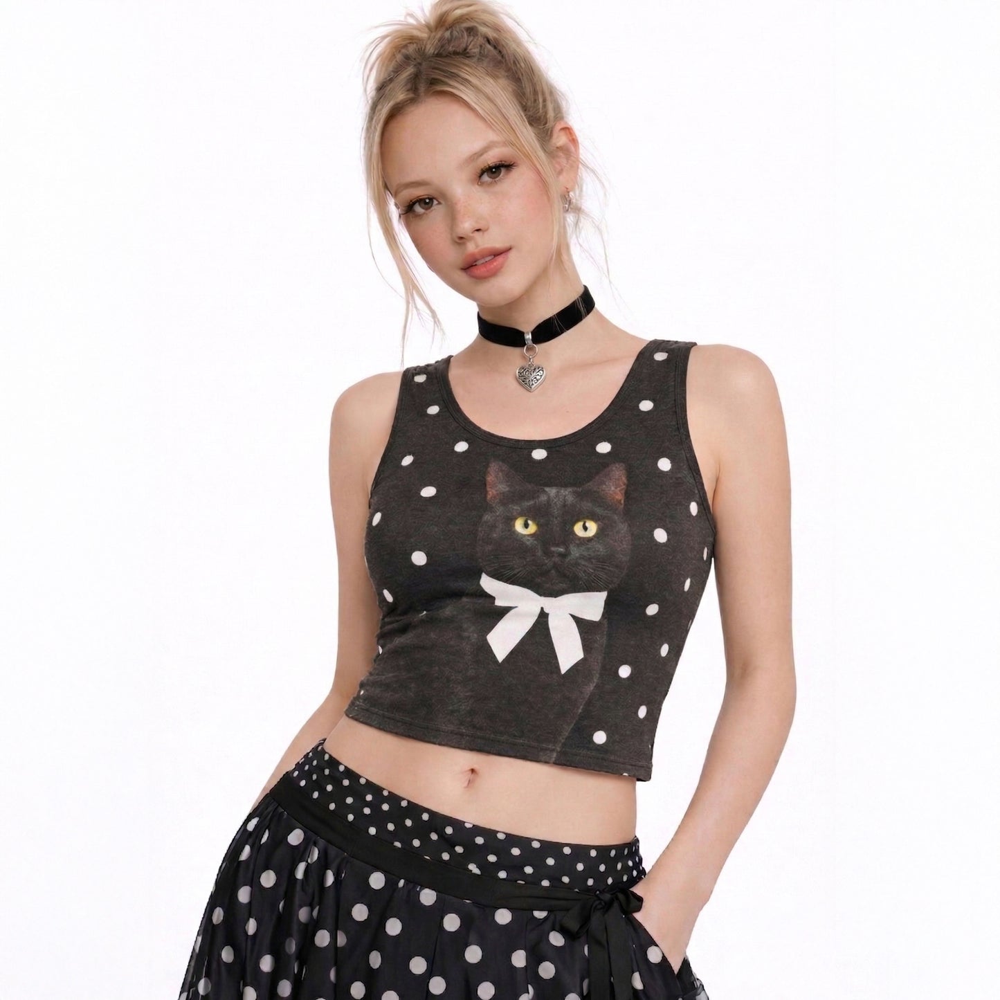 Black Cat Polka Dot Crop Top