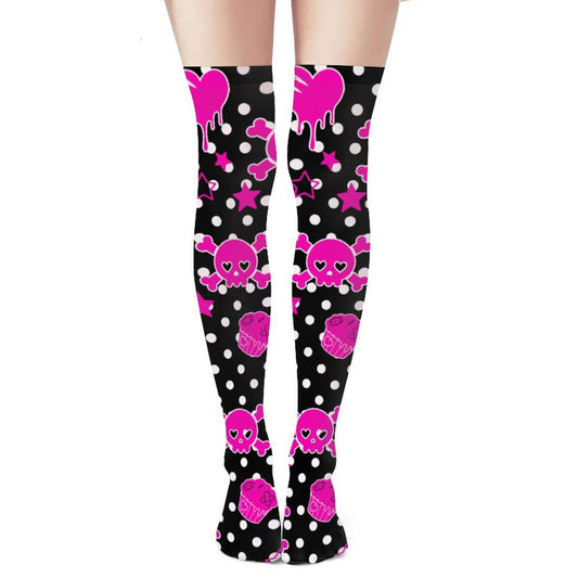 Pink Skull Cupcake Polka Dot Over-the-Knee Stockings – Emo Scene Kid, One Size