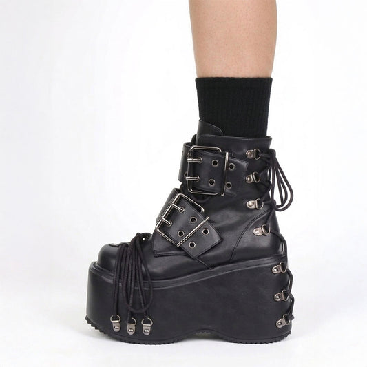 Black Multi-Buckle Platform Ankle Boots