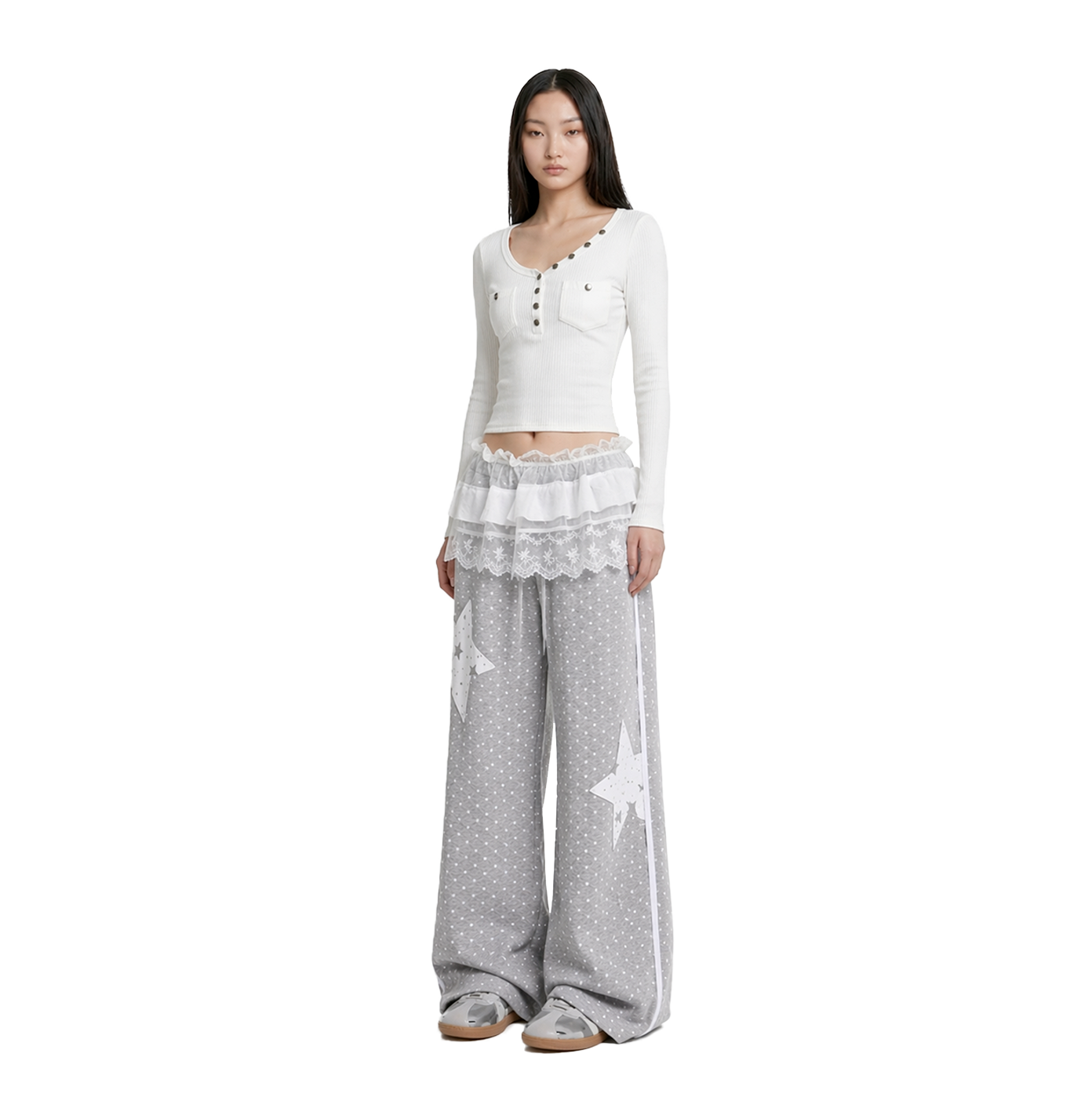 Gray Polka Dot Wide Leg Pants with Lace Wrap Skirt Set