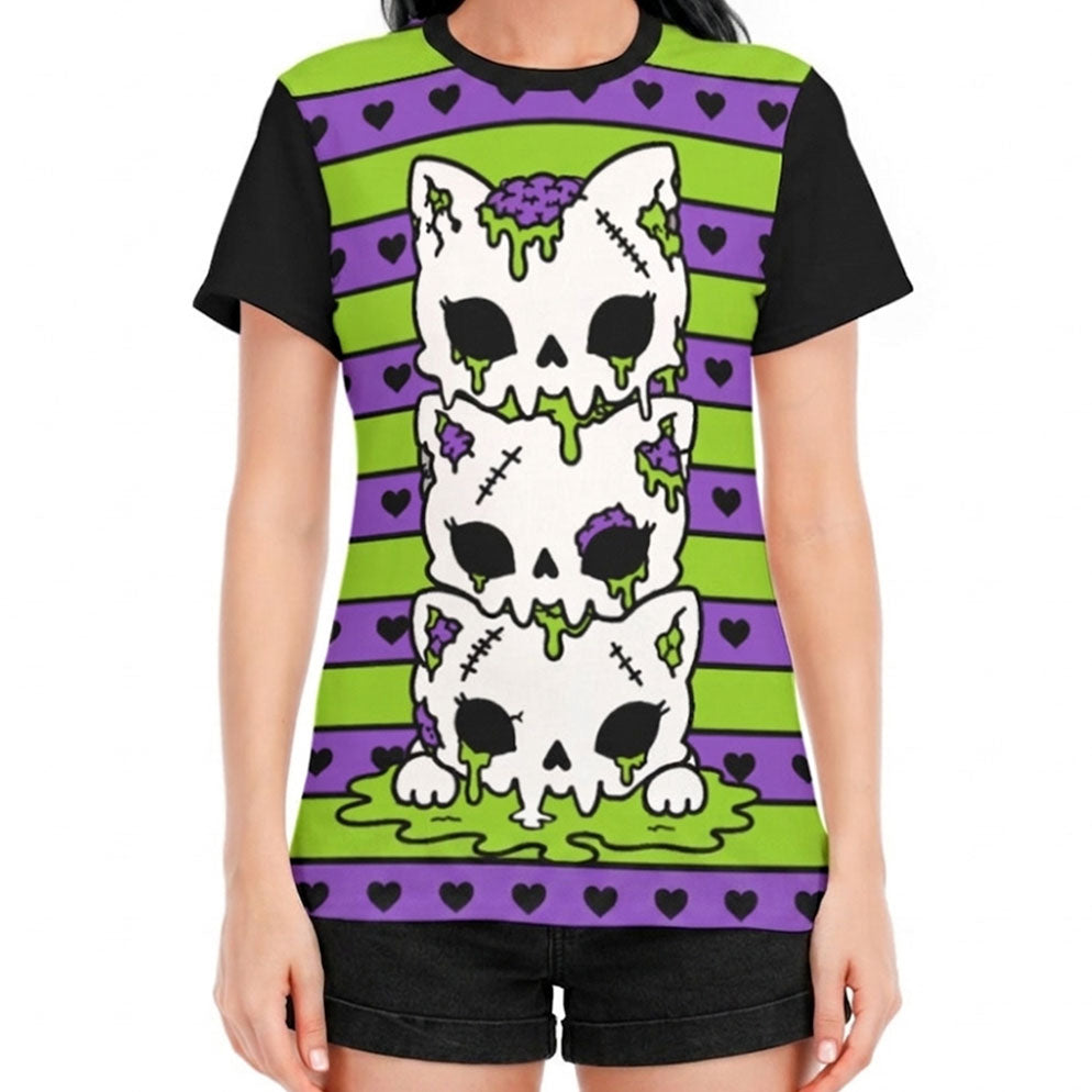 Zombie Cat Skull Women's Cotton T-Shirt