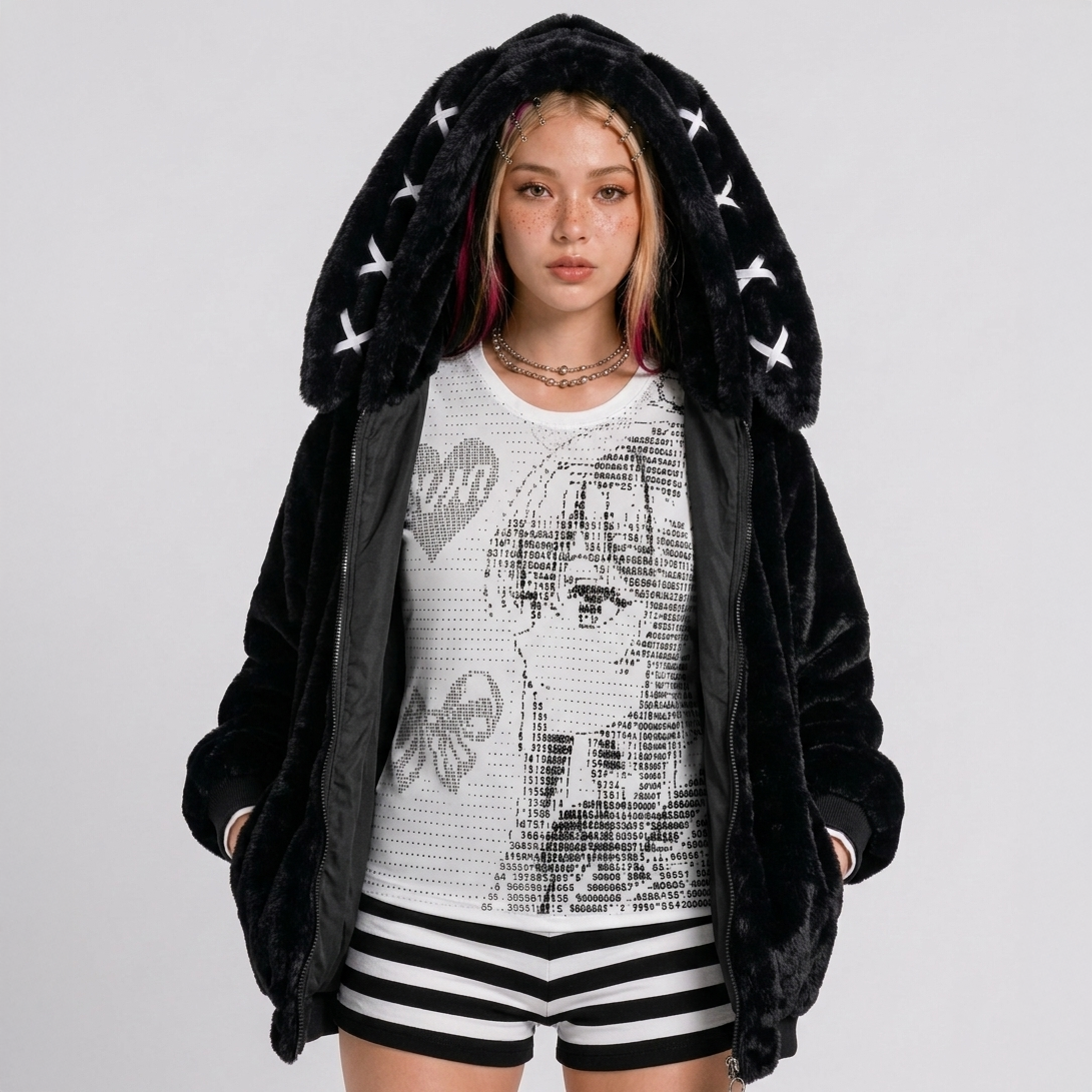 Bunny Ear Faux Fur Oversized Hoodie Coat