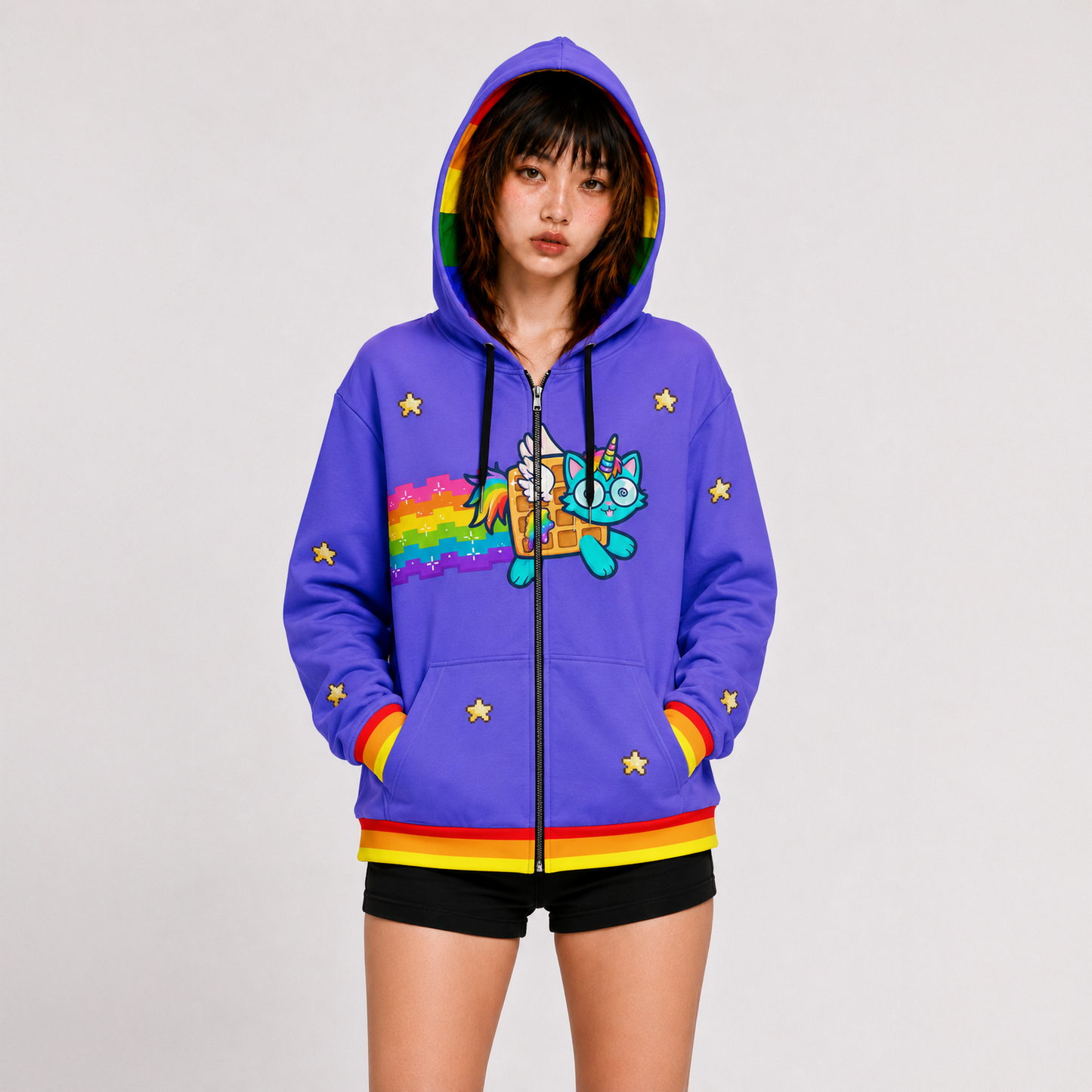 Scene Kid Rainbow Kitty Zip Hoodie
