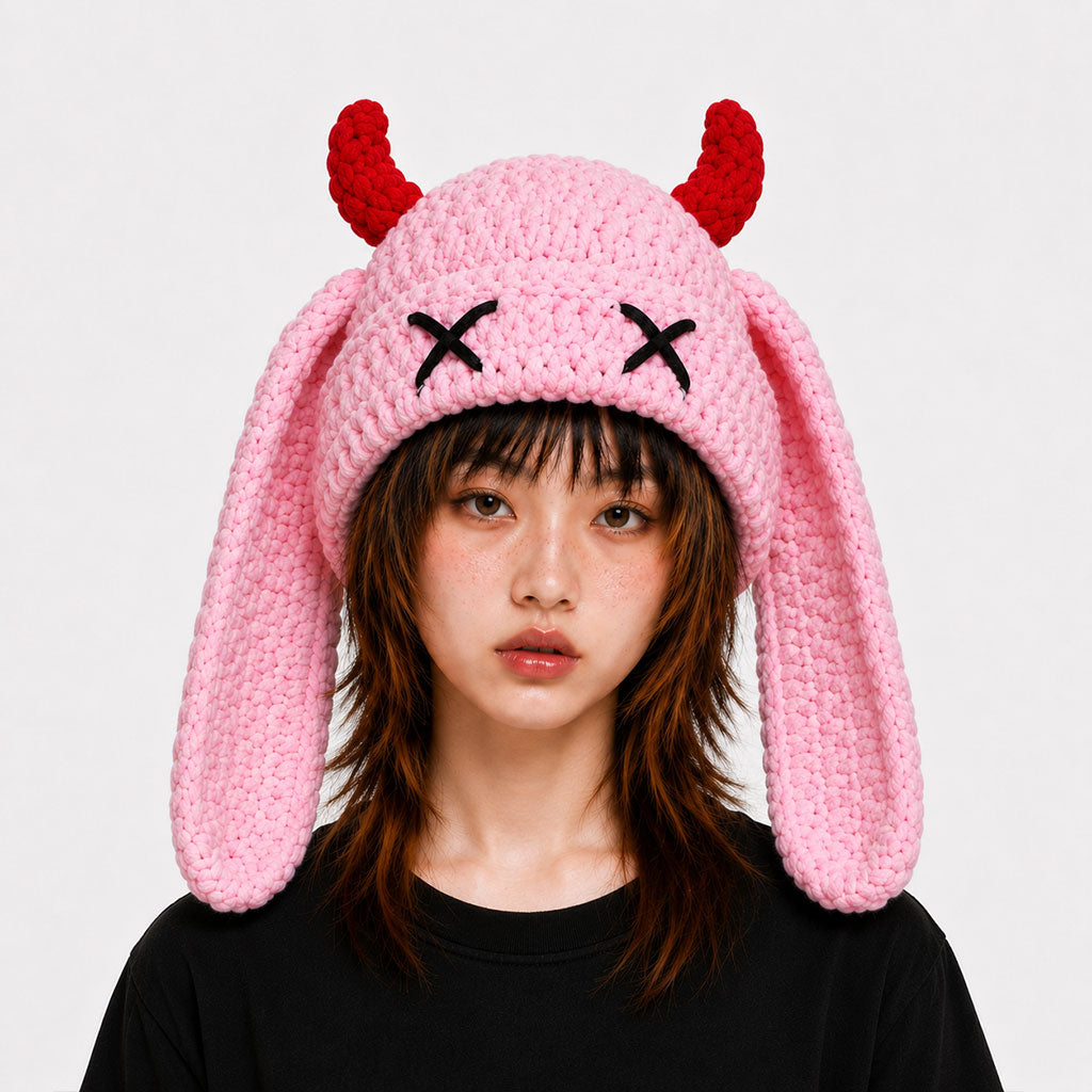 Hand-Crocheted Devil Horn Knit Hat