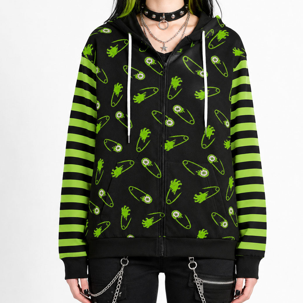 Alien Zombie Safety Pin Stripe Sleeve Unisex Zip Hoodie (XS–6XL)