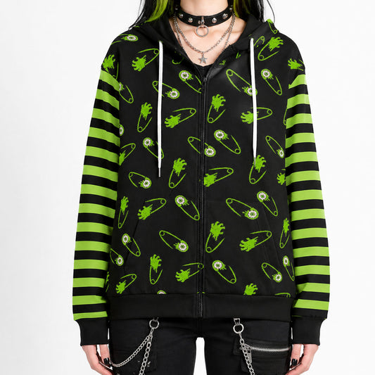 Alien Zombie Safety Pin Stripe Sleeve Unisex Zip Hoodie (XS–6XL)