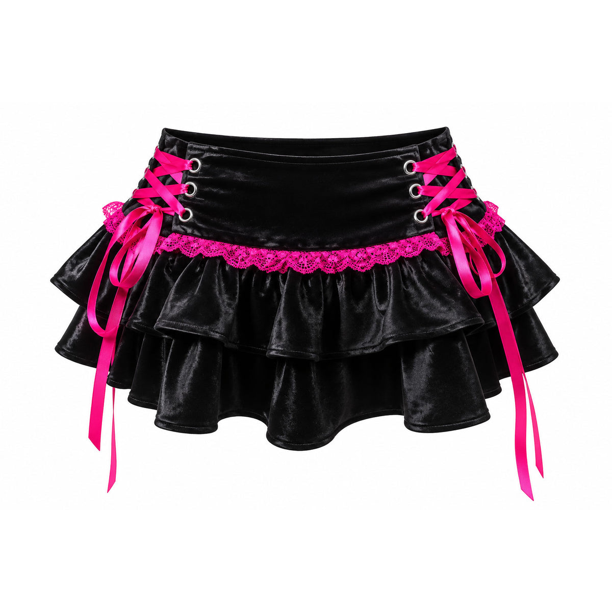 Y2K Scene Queen Black Satin Pink Lace-Up Ruffle Mini Skirt