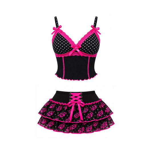 Y2K Scene Queen Pink Brass Knuckle Lace Cami Top & Ruffle Mini Skirt Set