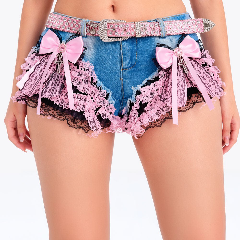 Harajuku Gyaru Lace Ruffle Denim Shorts – Y2K Coquette Bow Micro Shorts