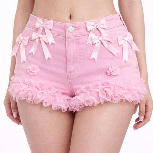 Pink Bow Ruffle Denim Micro Shorts – High Waist Coquette Mini Shorts
