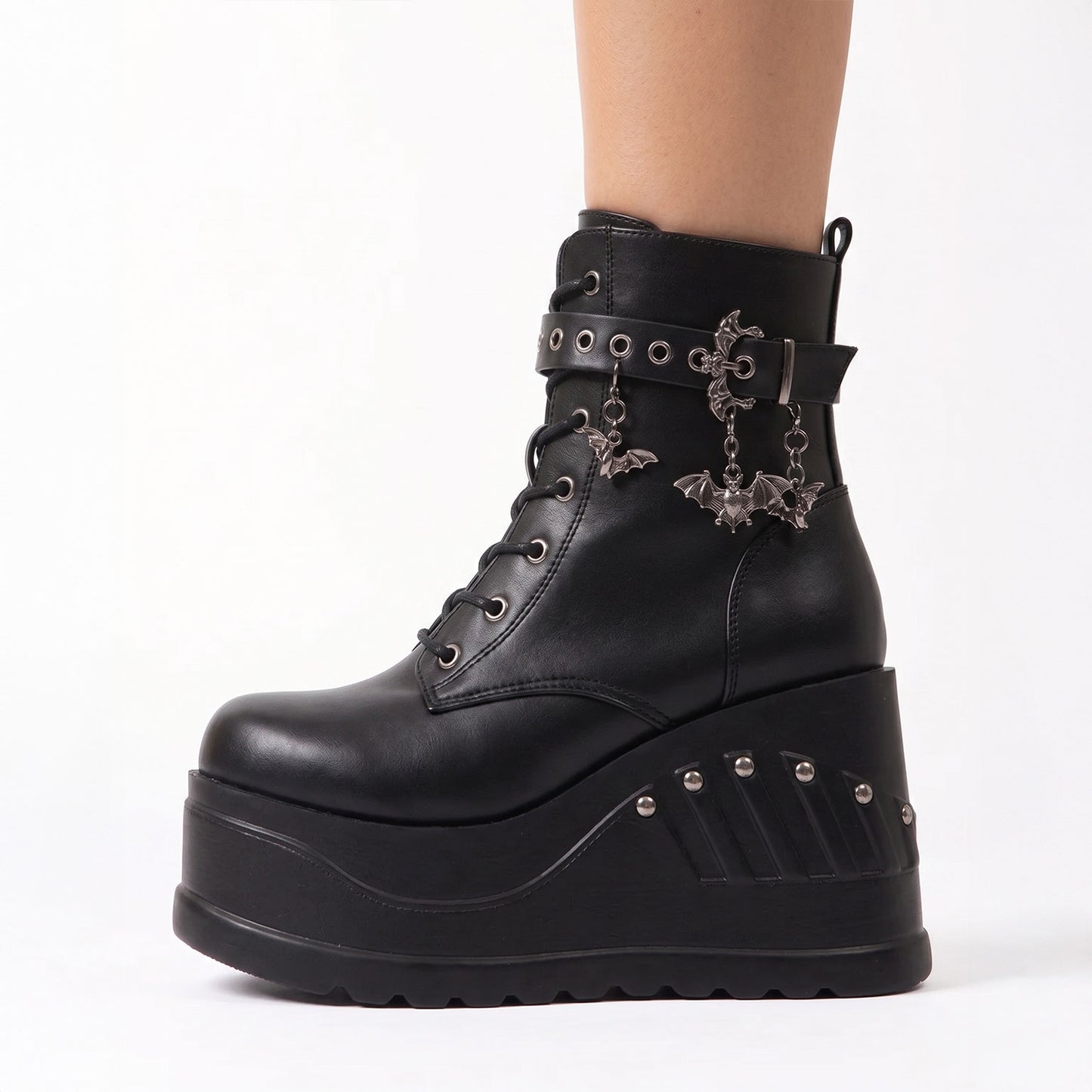 Black Platform Lace-Up Ankle Boots – Gothic Charm Chunky Wedge Boots
