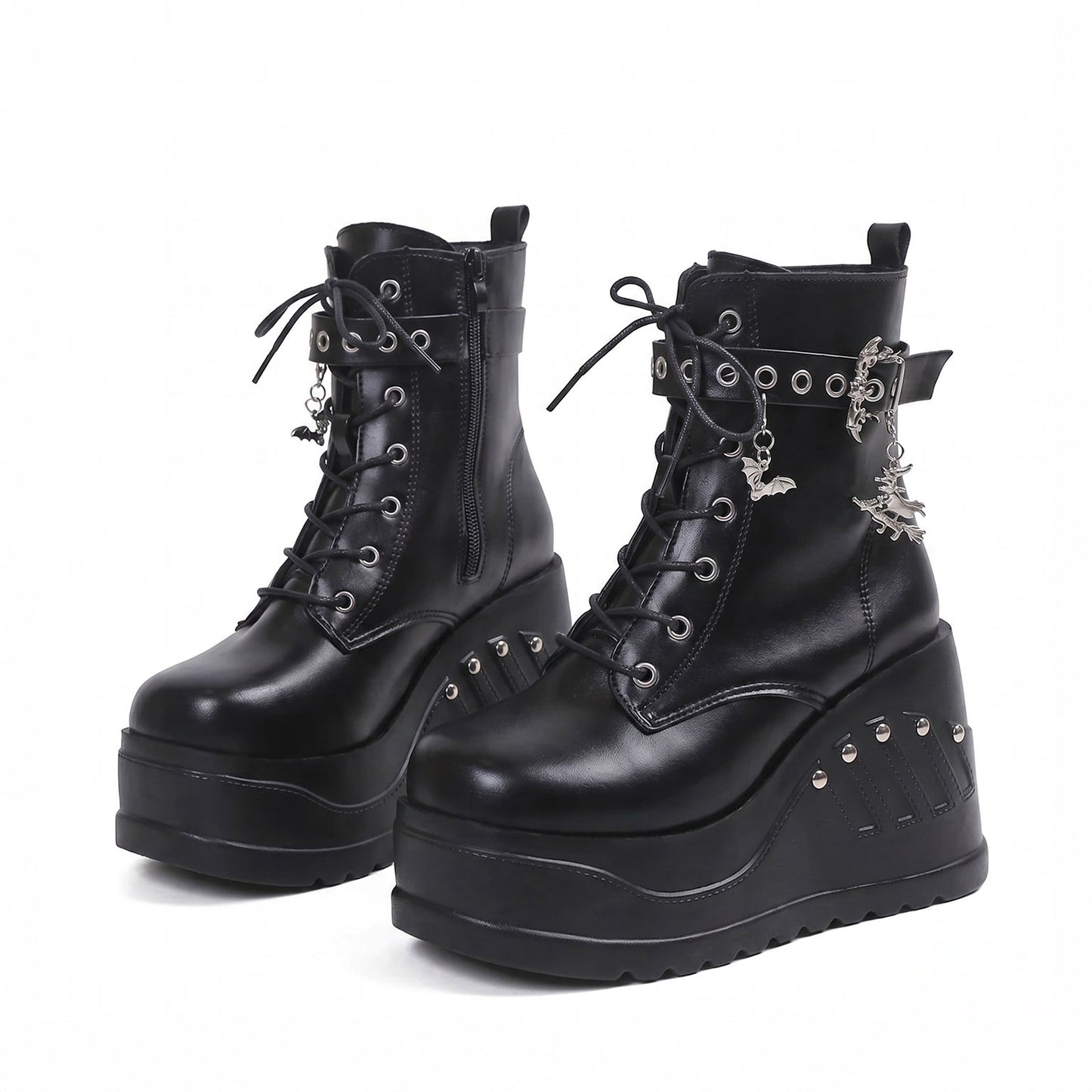 Black Platform Lace-Up Ankle Boots – Gothic Charm Chunky Wedge Boots