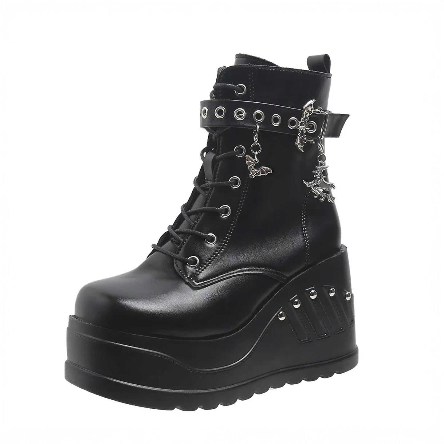 Black Platform Lace-Up Ankle Boots – Gothic Charm Chunky Wedge Boots
