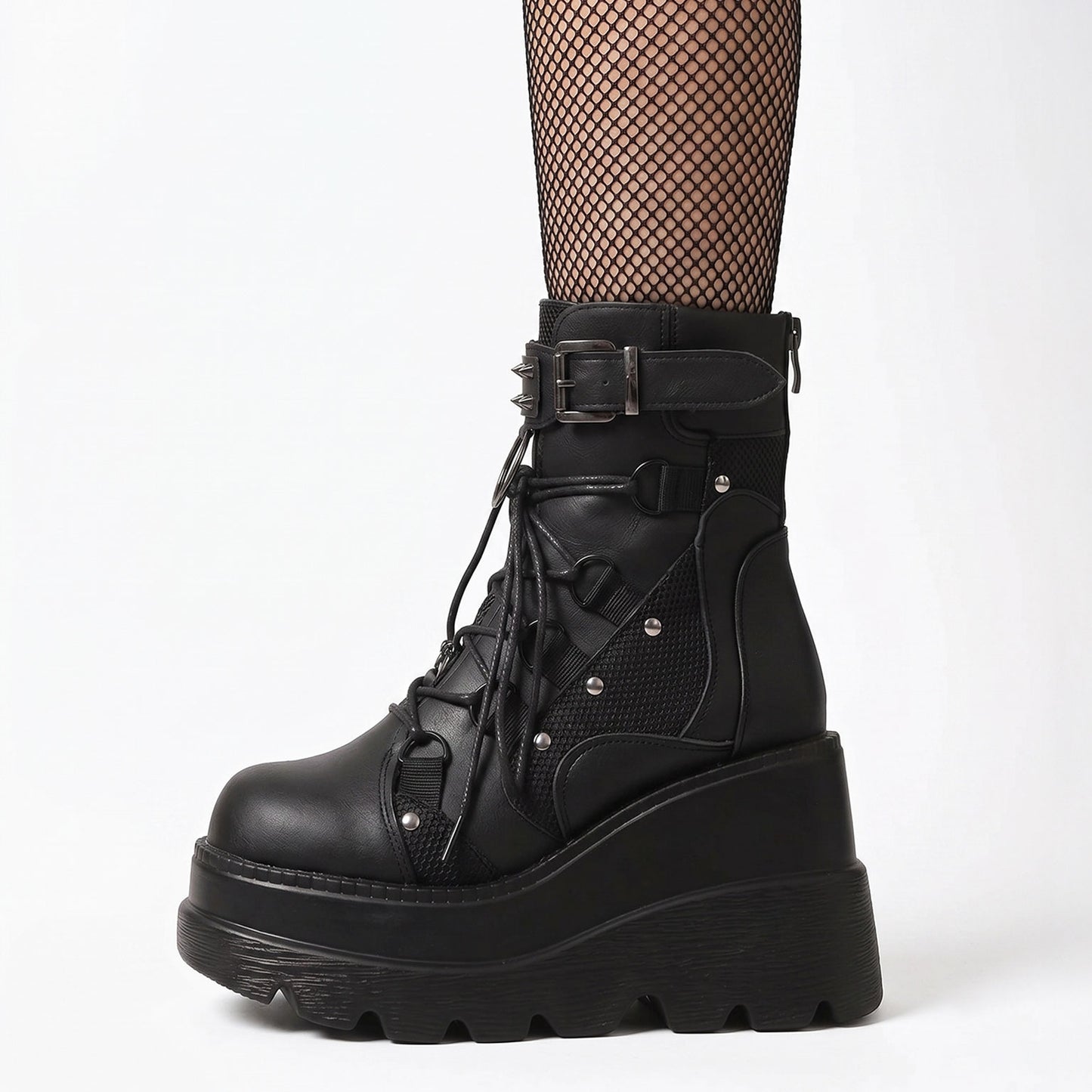Black Platform Lace-Up Ankle Boots – Mesh Panel Chunky Sole Street Boots