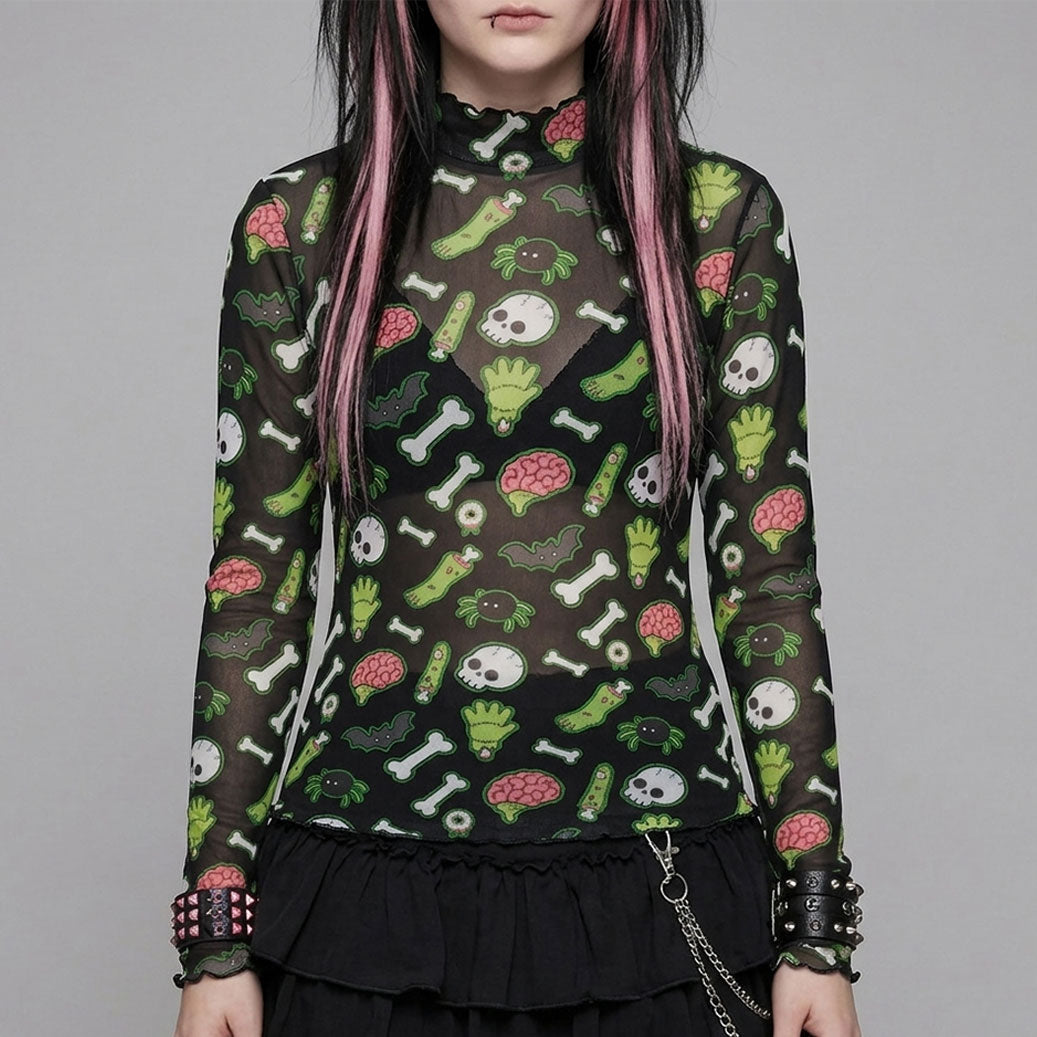 Zombie Graveyard Emo Scene Women's Mesh Long Sleeve Top (XS to 6XL)