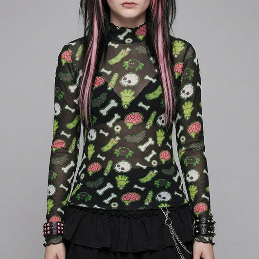 Zombie Graveyard Emo Scene Women's Mesh Long Sleeve Top (XS to 6XL)